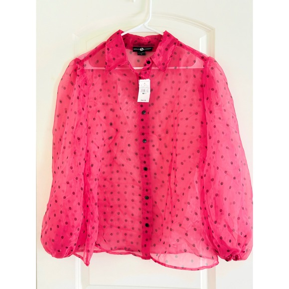 Ashley Stewart Tops - Ashley Stewart Pink Polka Dot Sheer Organza Puff Sleeve Blouse Size 10 NWT